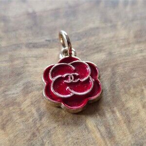 Authentic CC CHANEL Layered Flower Rose Red Gold Tone Logo Pendant Charm